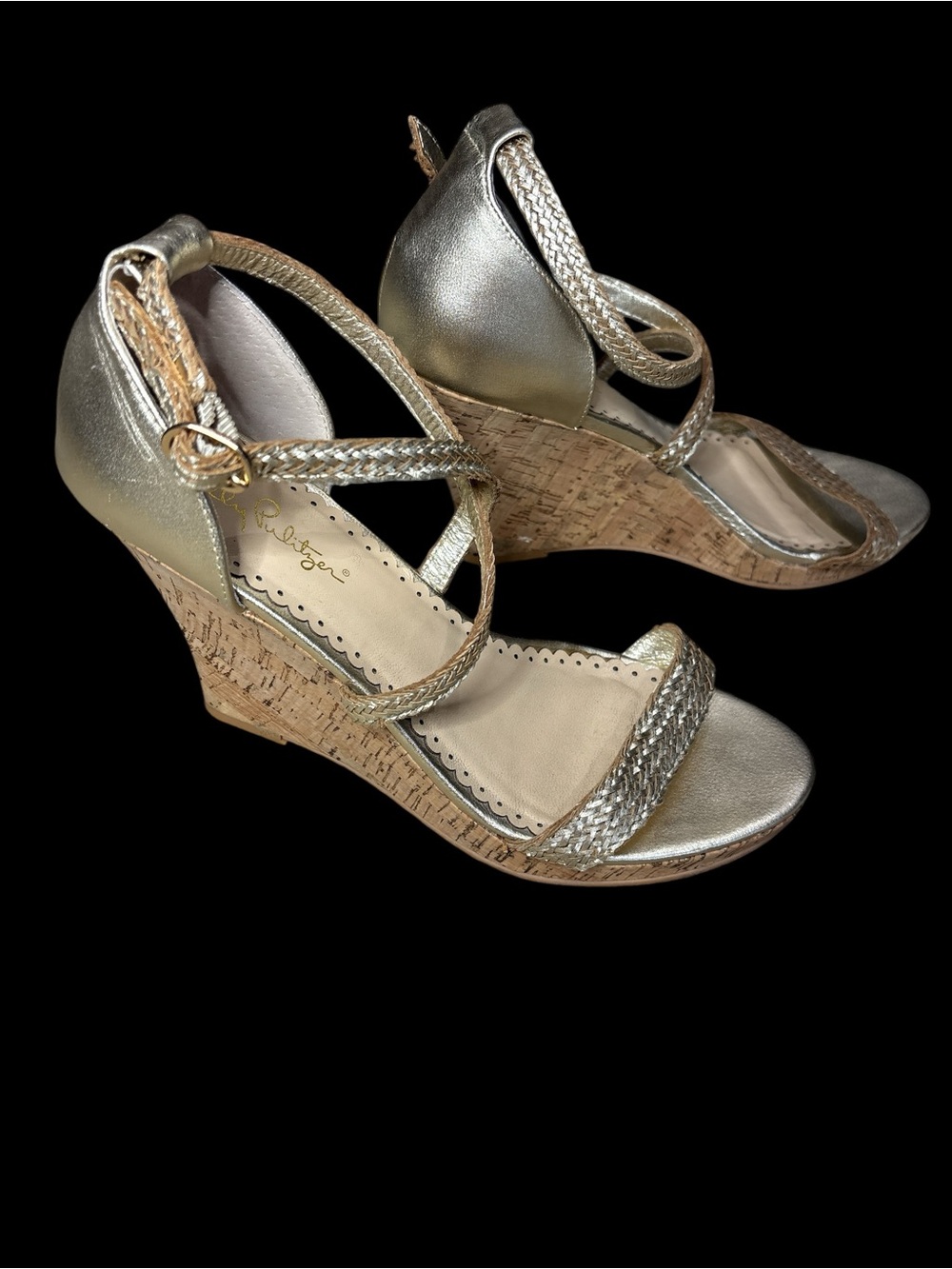 Lilly Pulitzer Maddie Gold Braided Cork Wedge Sandals